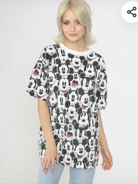 Vintage Y2k Allover Mickey Mouse Expression Faces Graphic Tee - Black White Red
